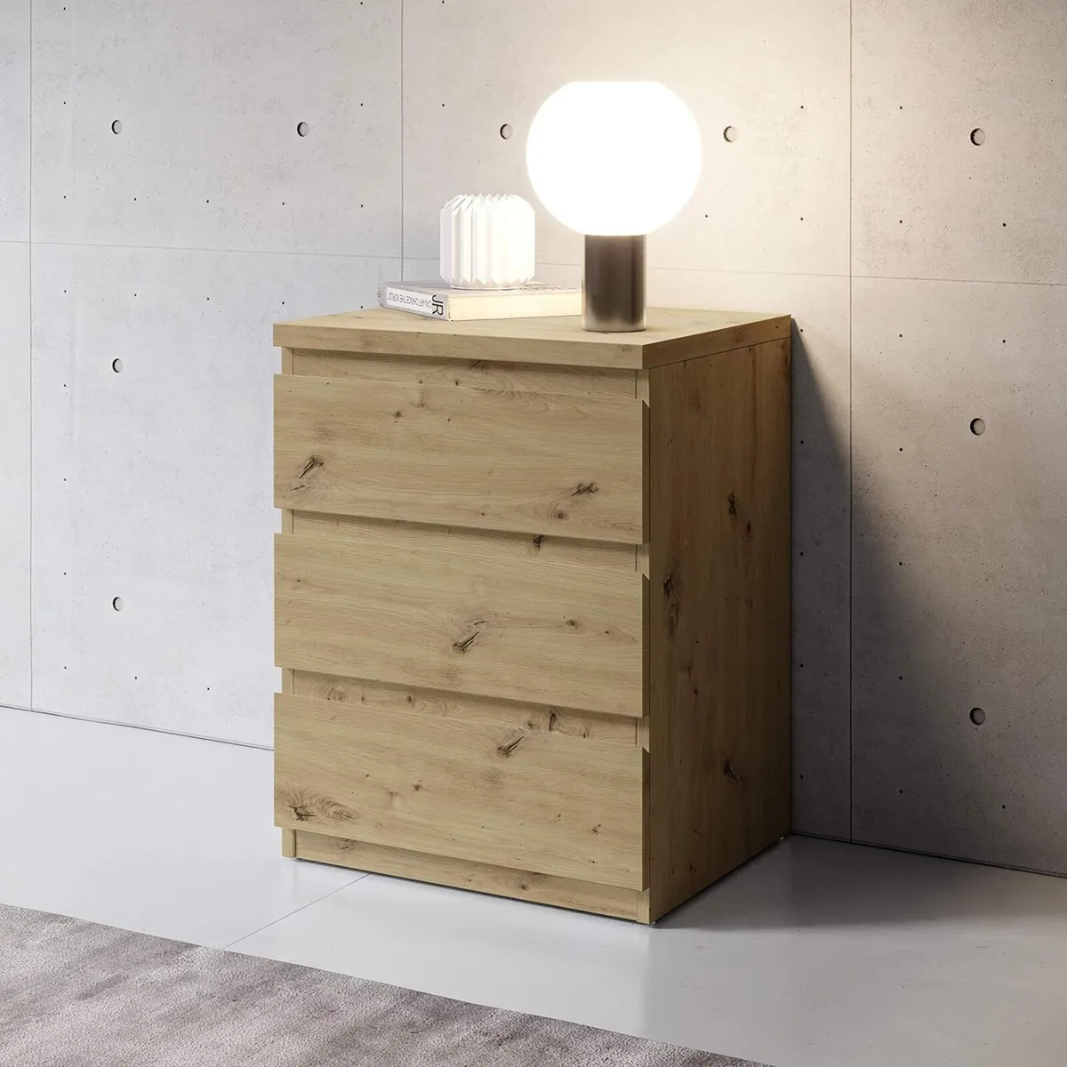 Bedside Table with Three Drawers in Artisan Oak - Image 2