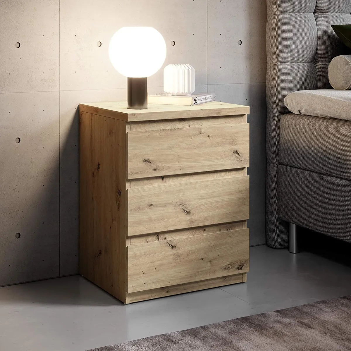 Bedside Table with Three Drawers in Artisan Oak - Image 4