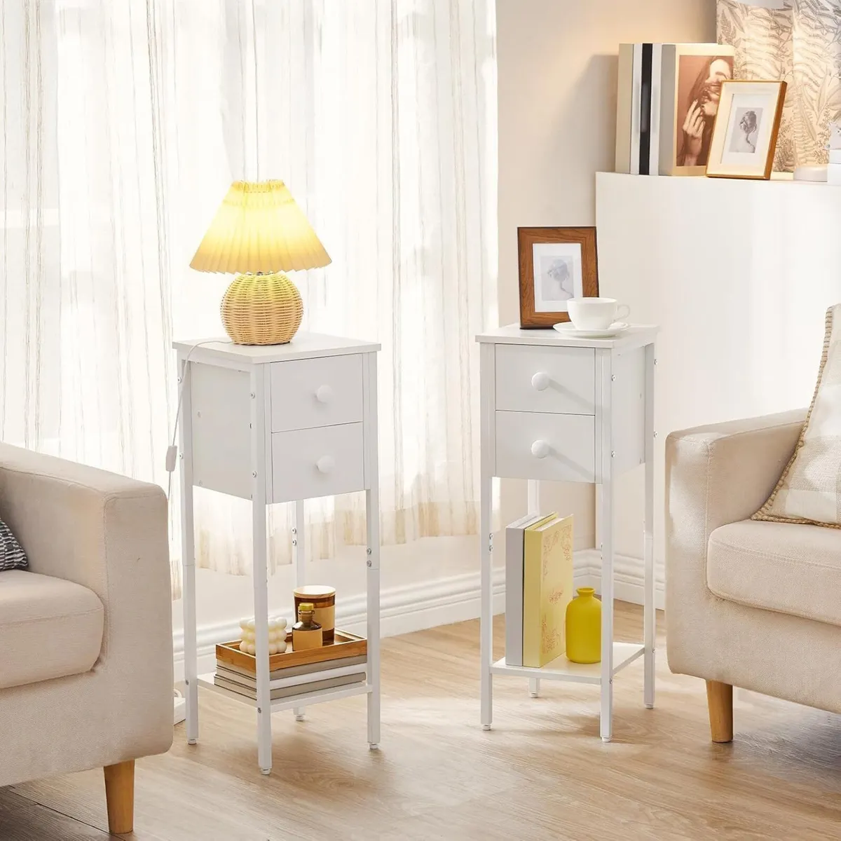 Narrow Bedside Table Set of 2 Slim Telephone with - Image 4