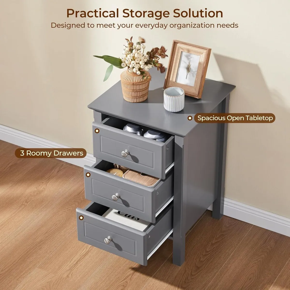 Bedside Tables Set of 2 Wooden Nightstand with 3 - Image 4