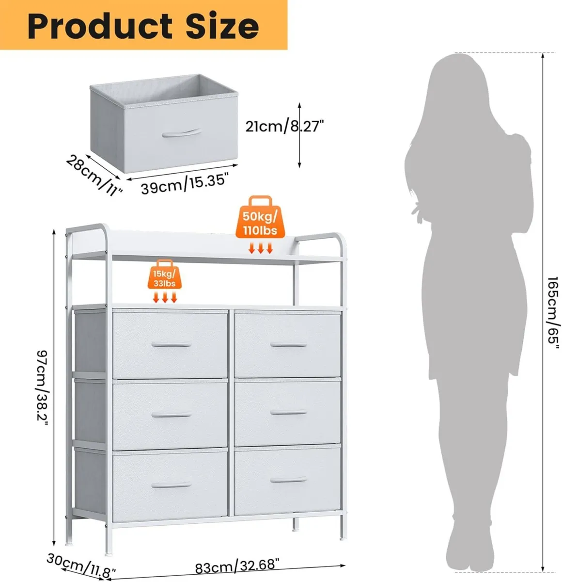 6 Drawer Fabric Chest Of Drawers Double Wooden - Image 3