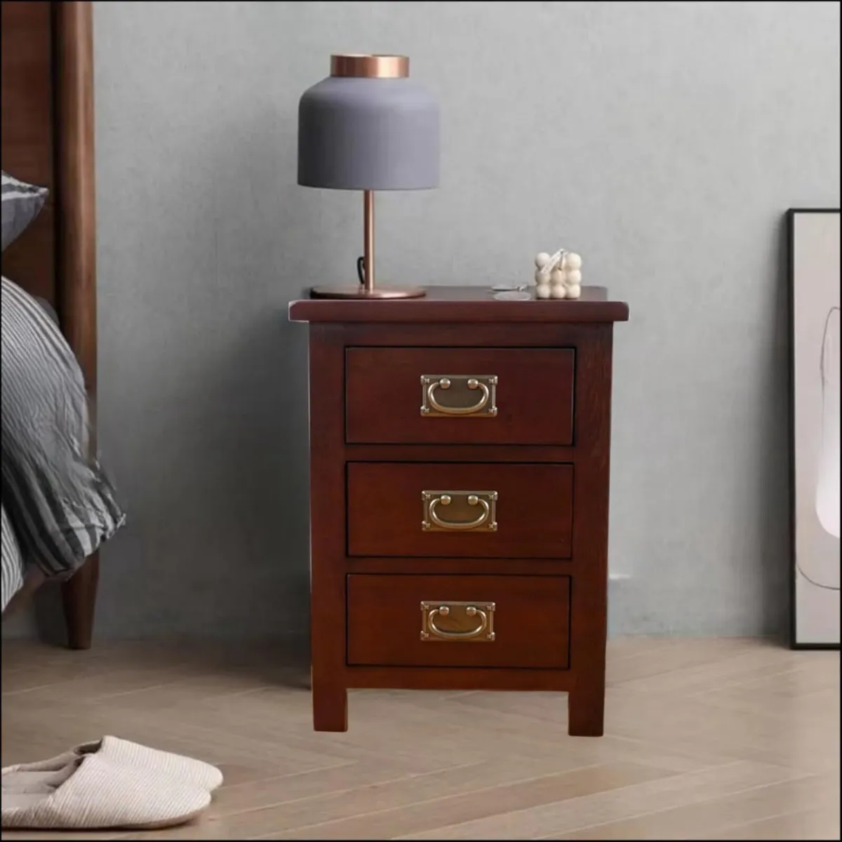 Solid Oak Bedside Tables Walnut Wooden 3 Drawers - Image 2