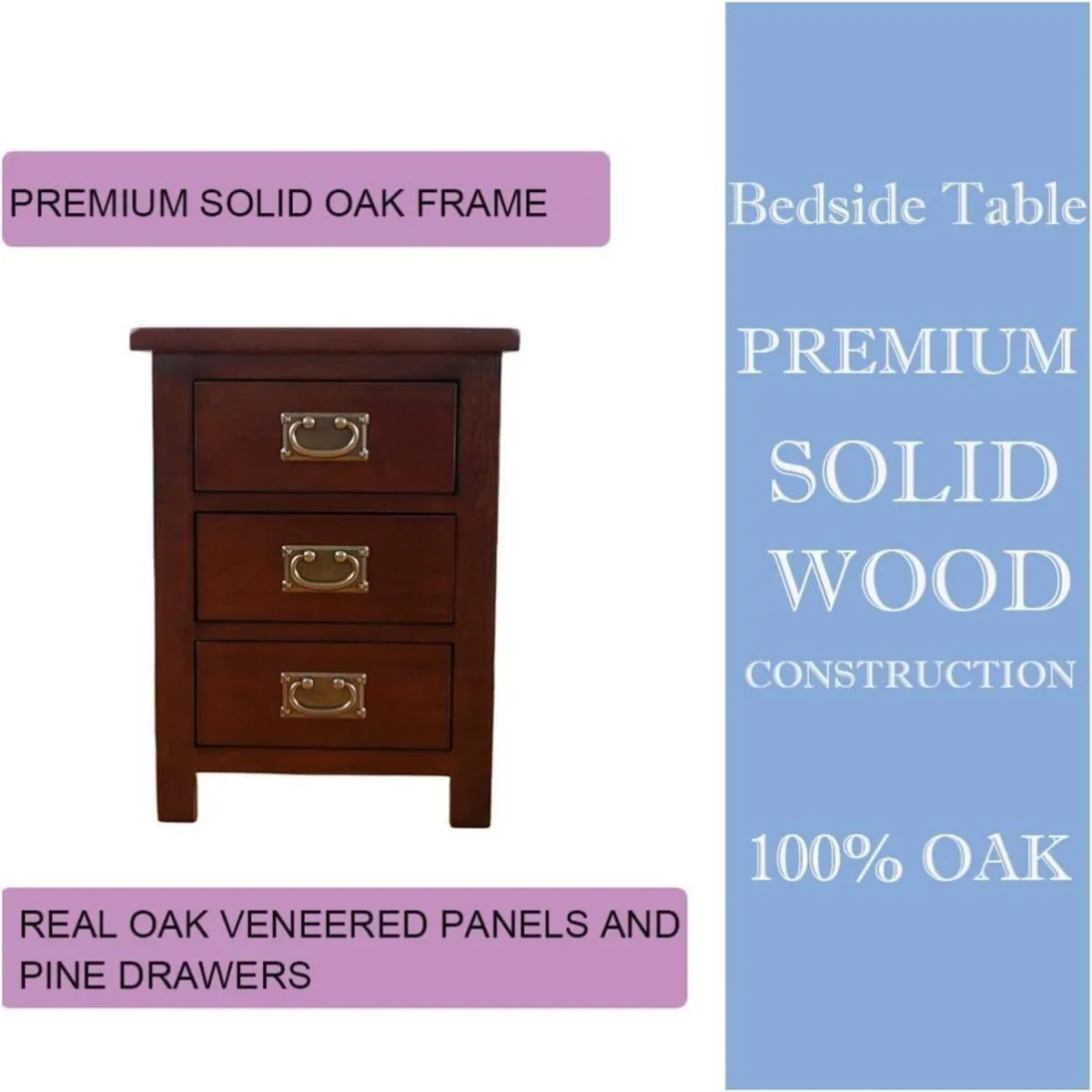 Solid Oak Bedside Tables Walnut Wooden 3 Drawers - Image 4
