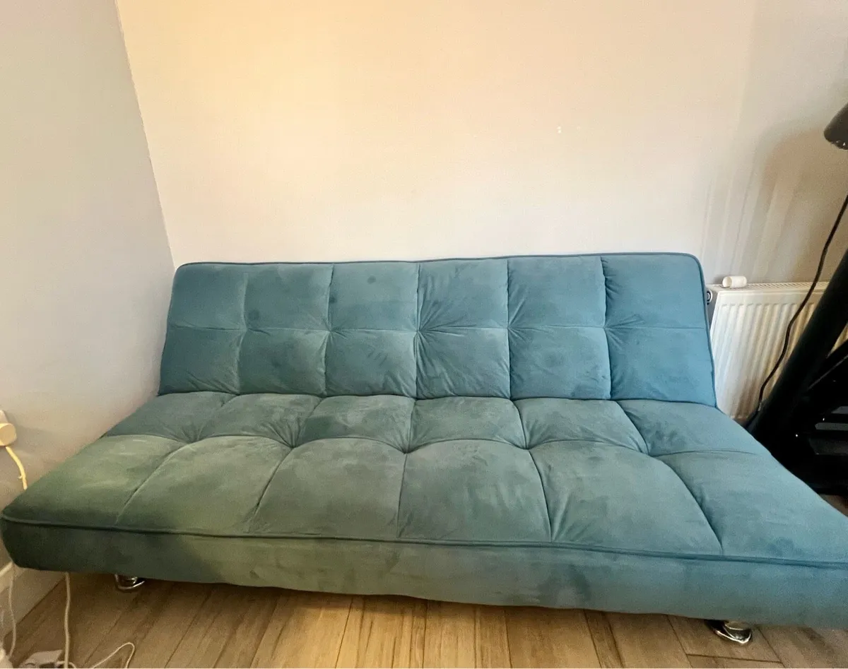 Turquoise velvet futon sofa bed - Image 1