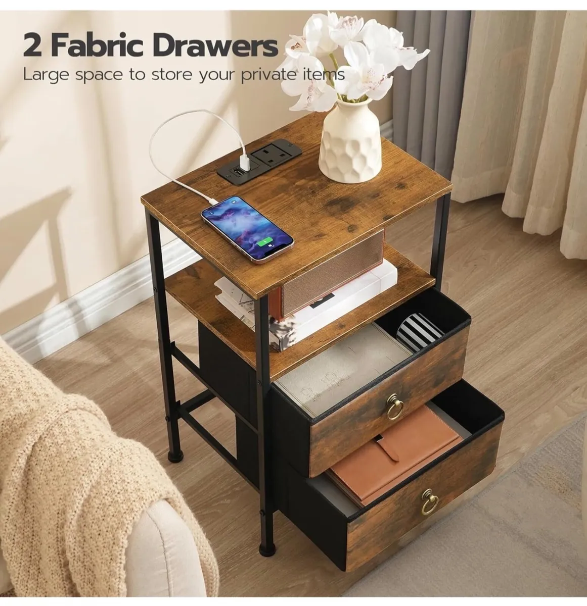 2 Bedside Table with Charging Station, Side Table - Image 4