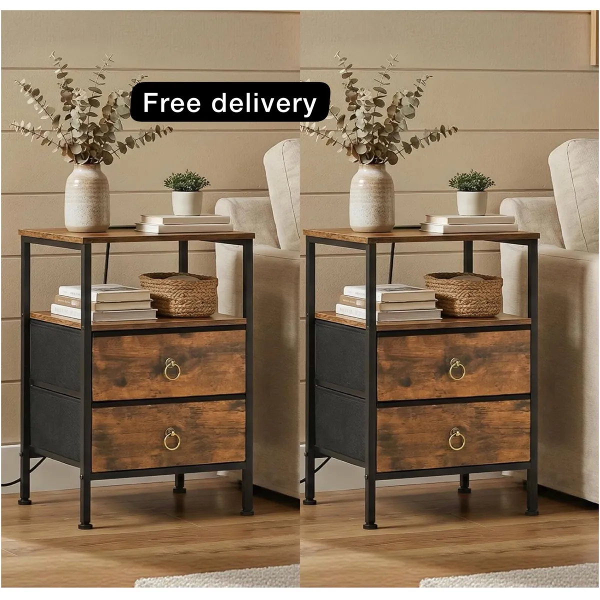 2 Bedside Table with Charging Station, Side Table - Image 1