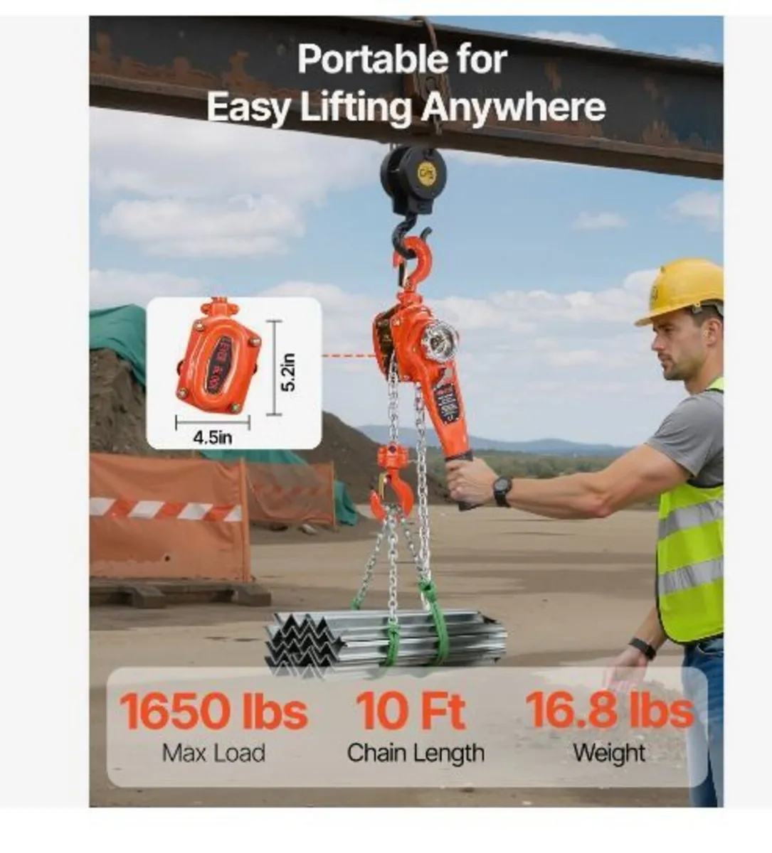 Manual Lever Chain Hoist, 3/4T 750KG Capacity - Image 2