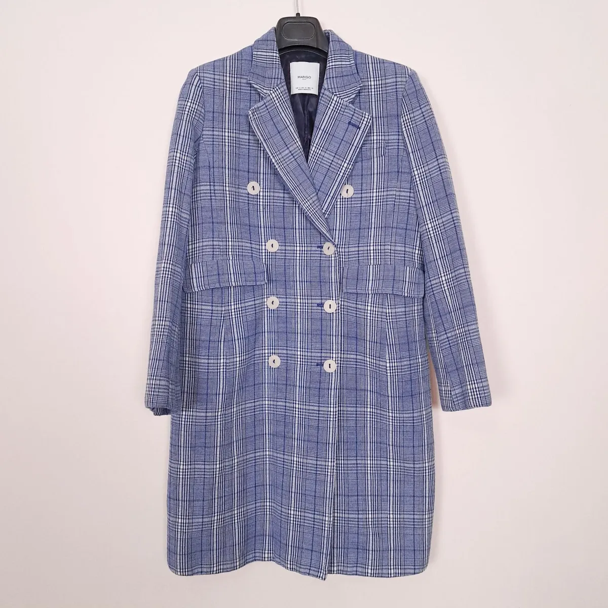 Mango Blue White Checked Plaid Blazer Coat S - Image 1