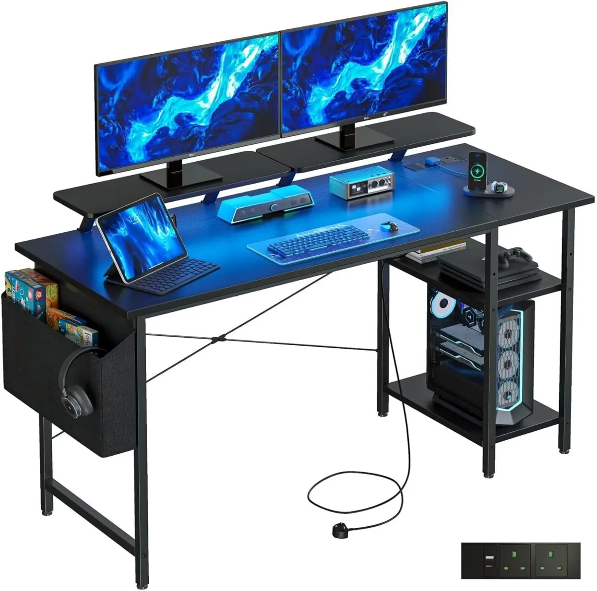 Gaming Desk with LED Lights Power Outlets - Image 1