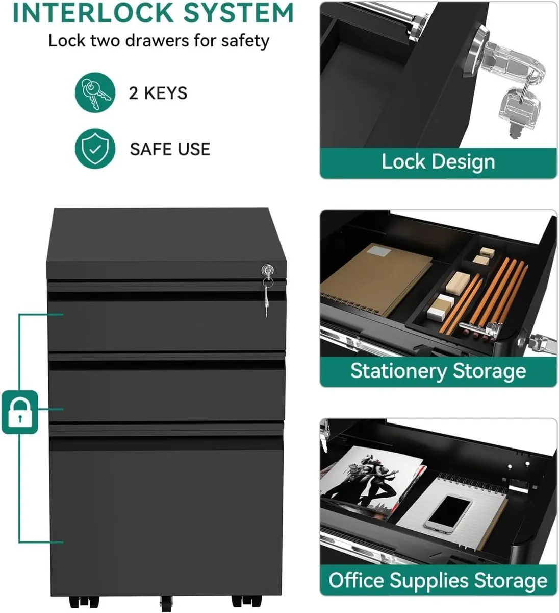 3-Drawers Lockable File Cabinet for Letter/legal/A - Image 4