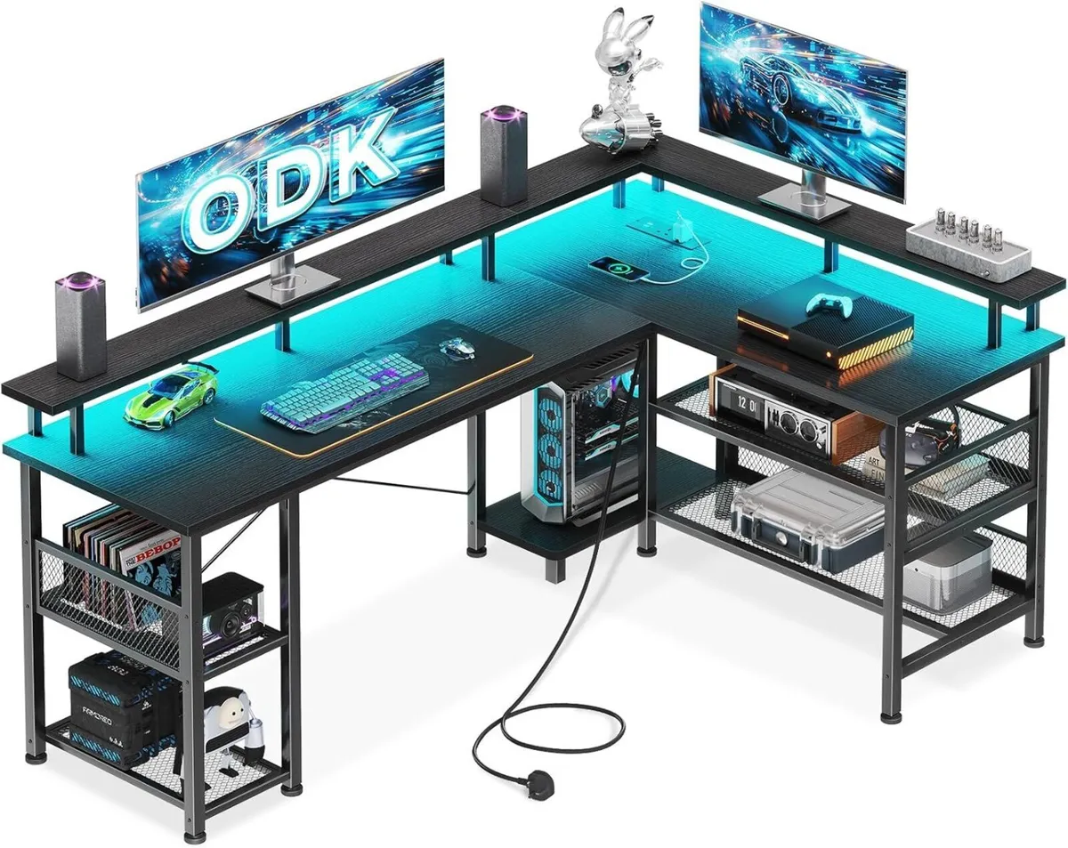 L Shaped Gaming Desk with LED Lights Power - Image 1