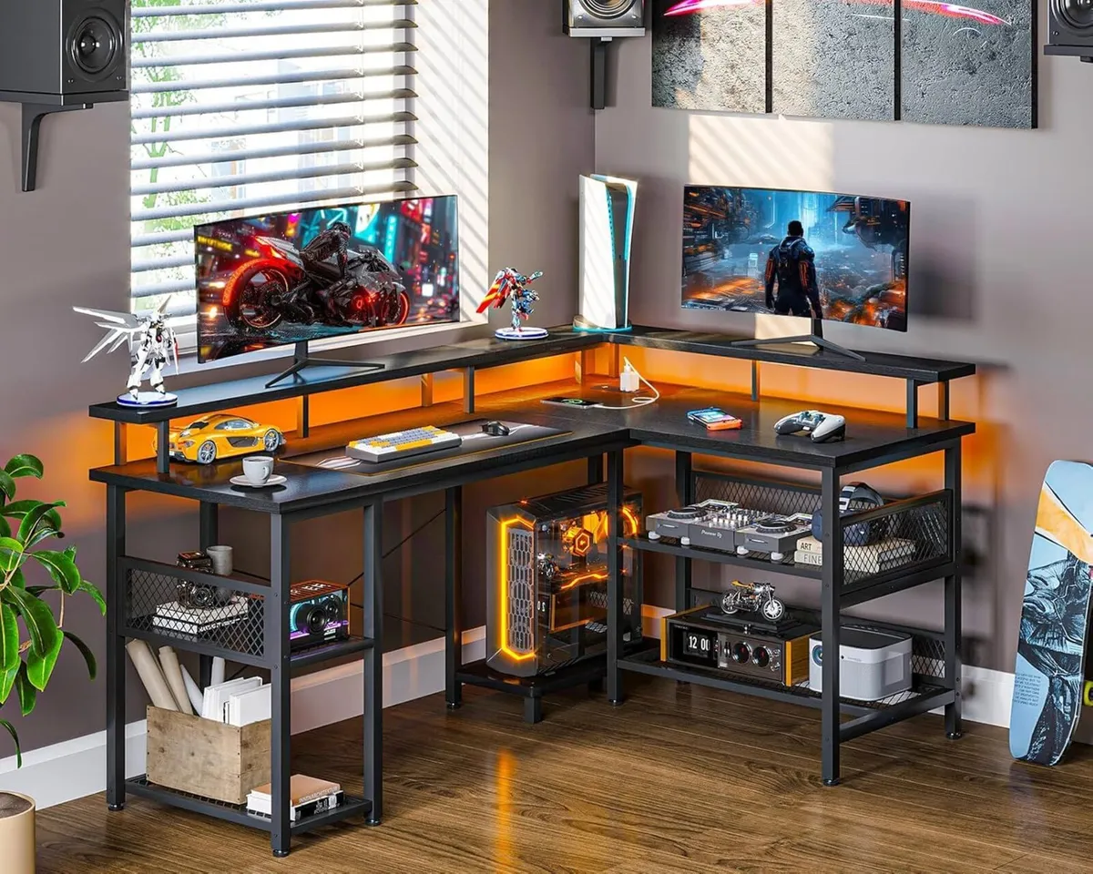 L Shaped Gaming Desk with LED Lights Power - Image 2