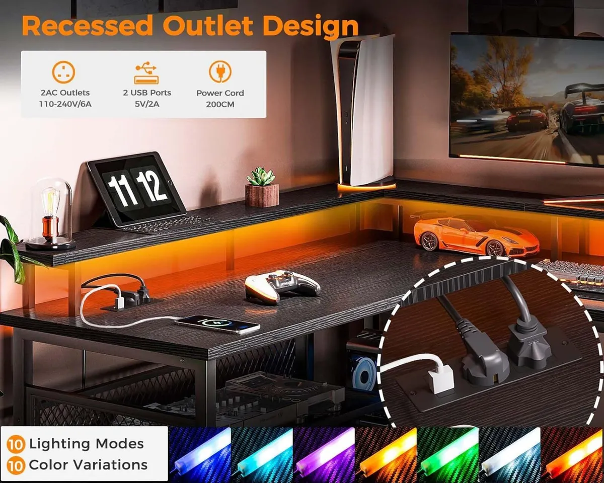L Shaped Gaming Desk with LED Lights Power - Image 4
