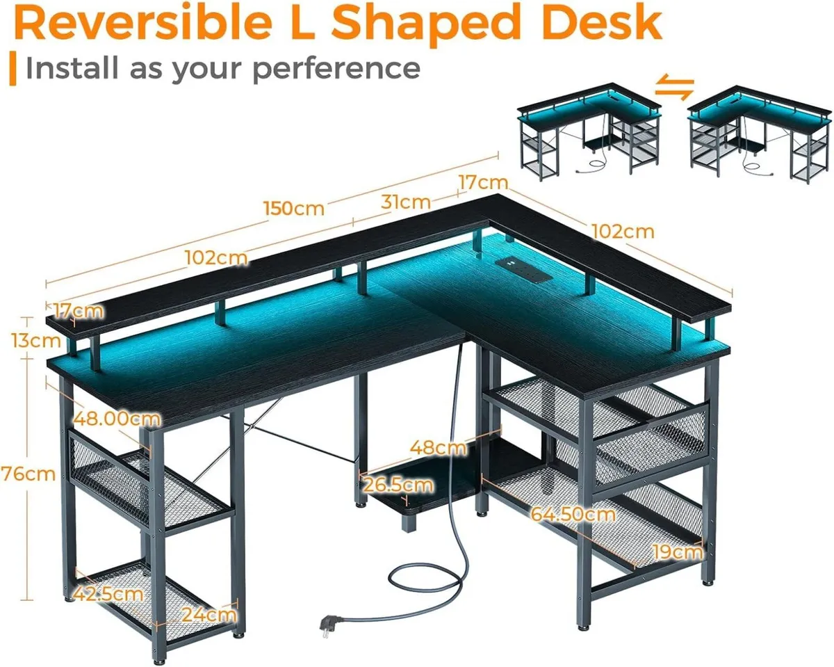L Shaped Gaming Desk with LED Lights Power - Image 3