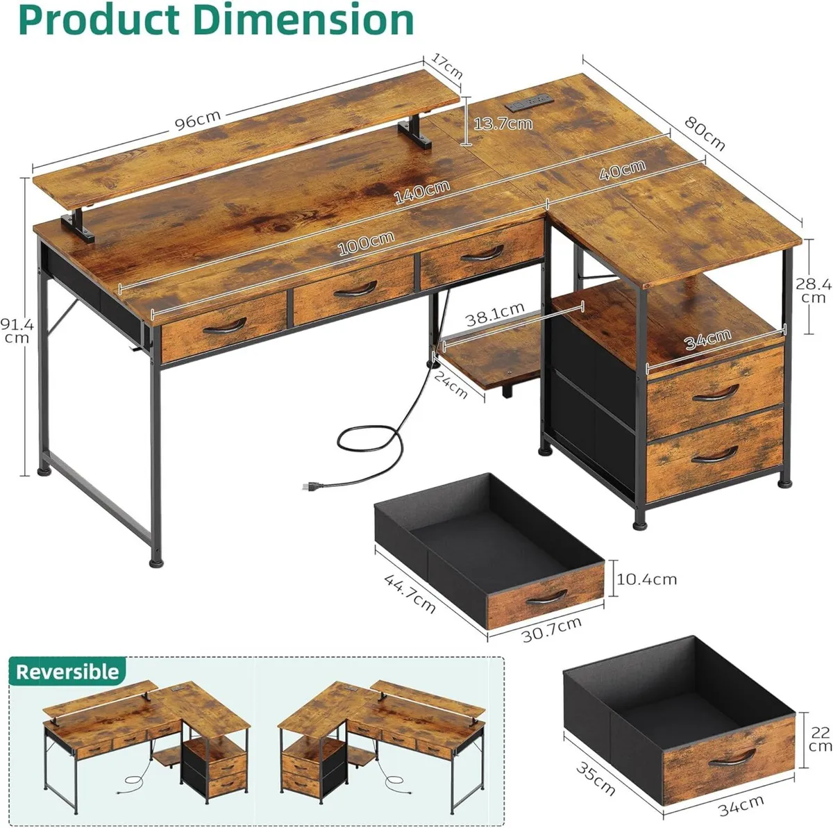 140cm Large Computer Desk with 5 Fabric Drawers - Image 3