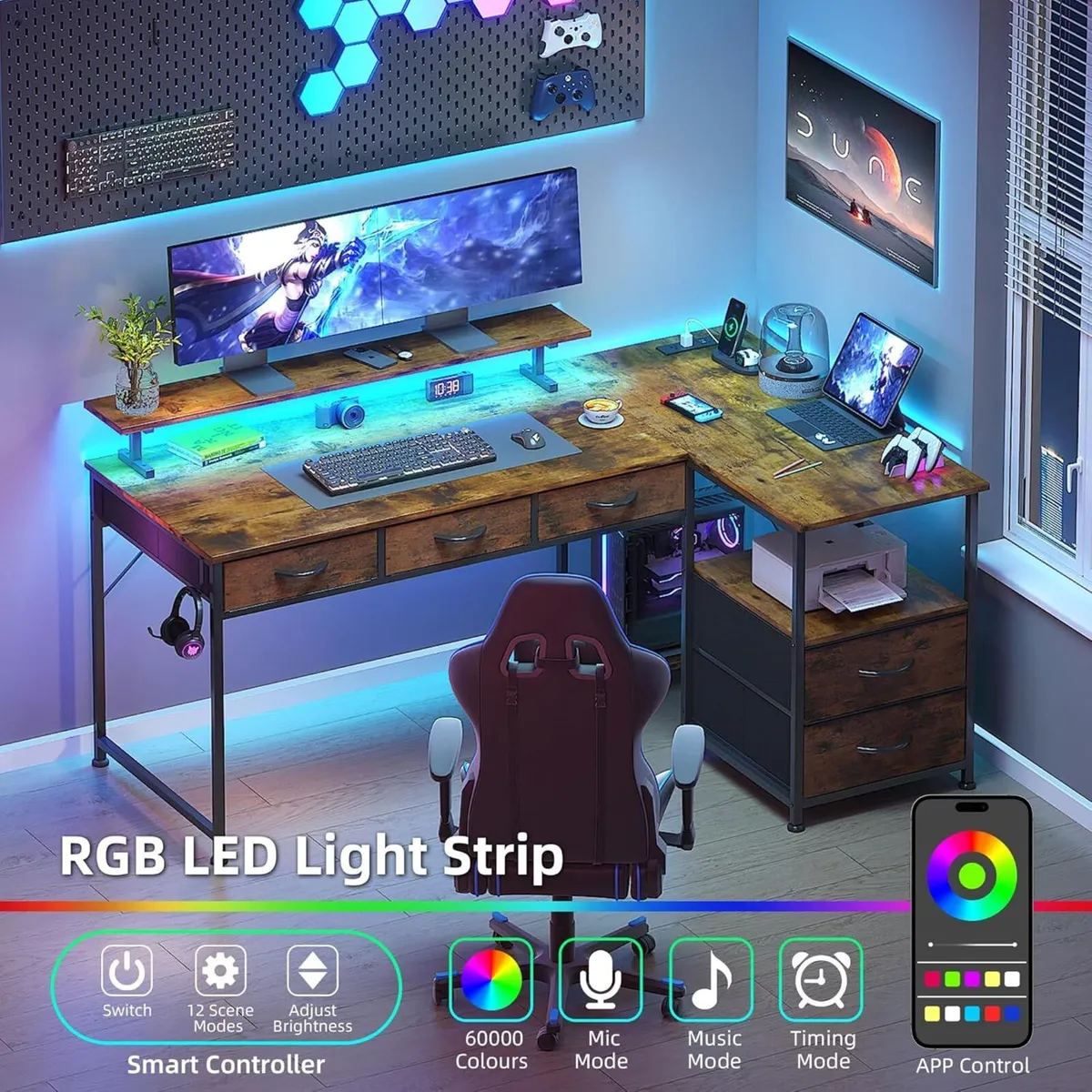 140cm Large Computer Desk with 5 Fabric Drawers - Image 4