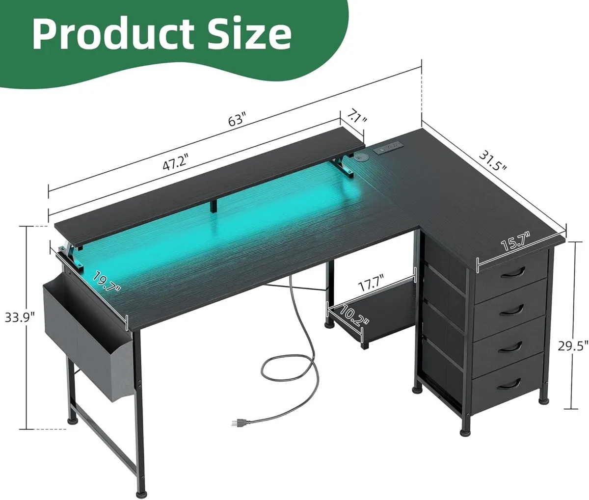 L Shaped Gaming Desk with 4 Drawers 63 Reversible - Image 3