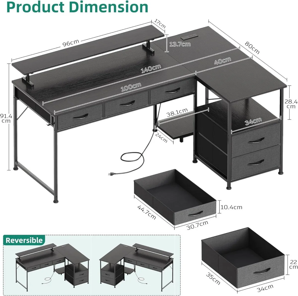 140cm Large Computer Desk with 5 Fabric Drawers - Image 3