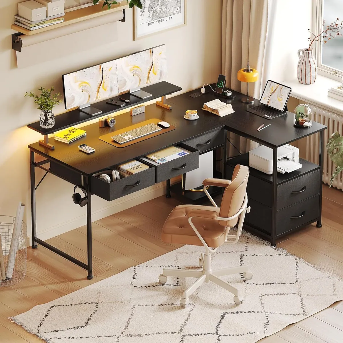 140cm Large Computer Desk with 5 Fabric Drawers - Image 2