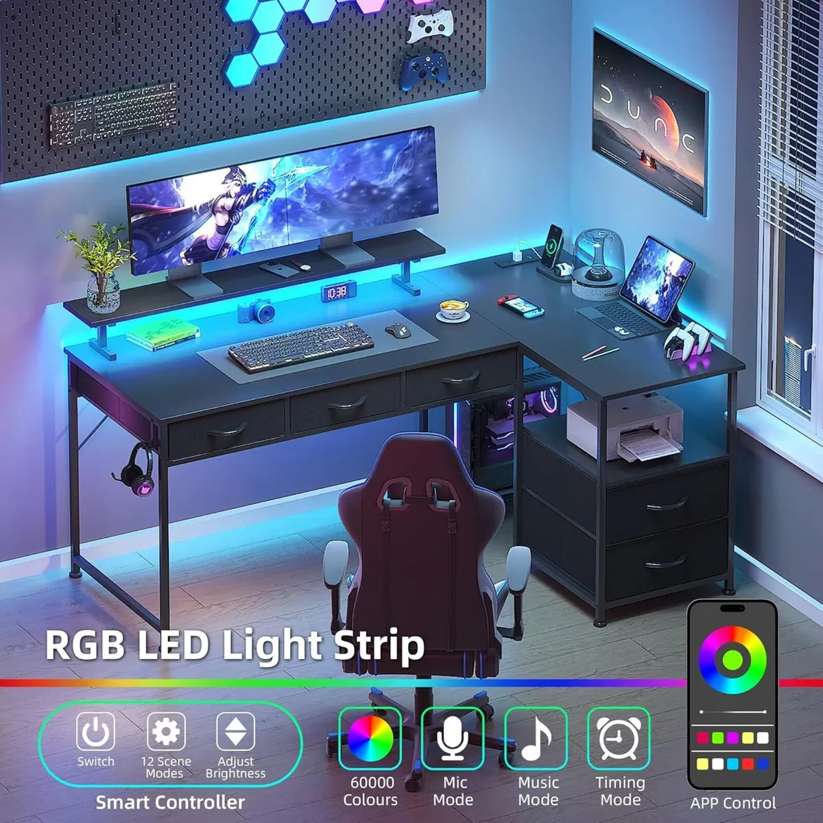 140cm Large Computer Desk with 5 Fabric Drawers - Image 4