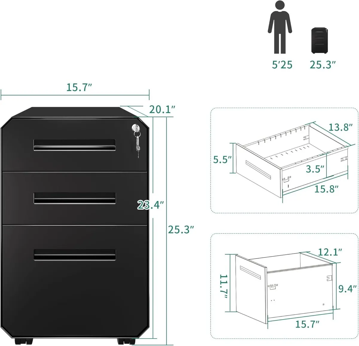 3-Drawer Filing Cabinet Office Drawers with Lock - Image 3