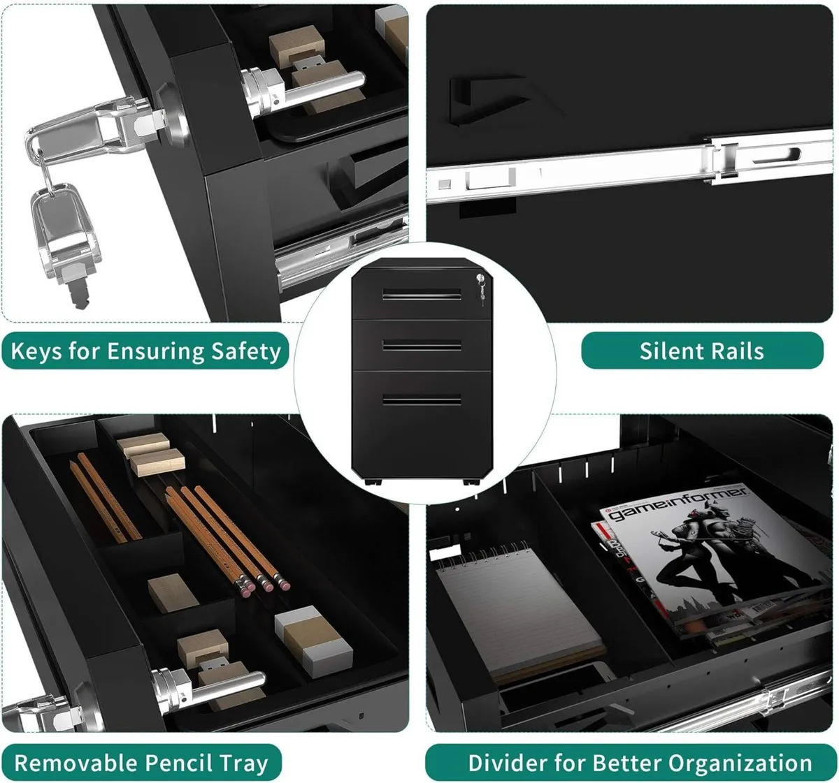 3-Drawer Filing Cabinet Office Drawers with Lock - Image 4
