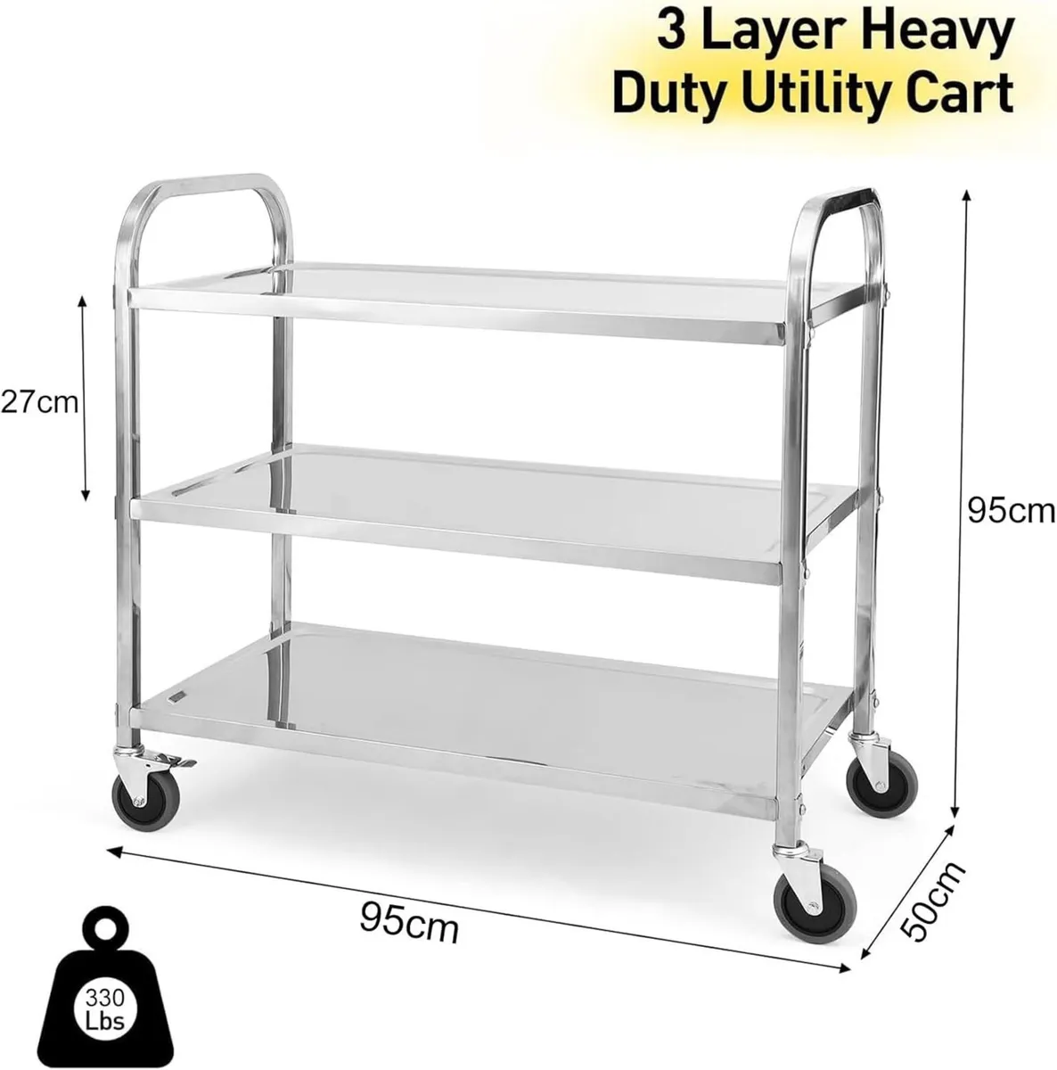 3 Tier Stainless Steel Cart 95x50x95cm Large - Image 3