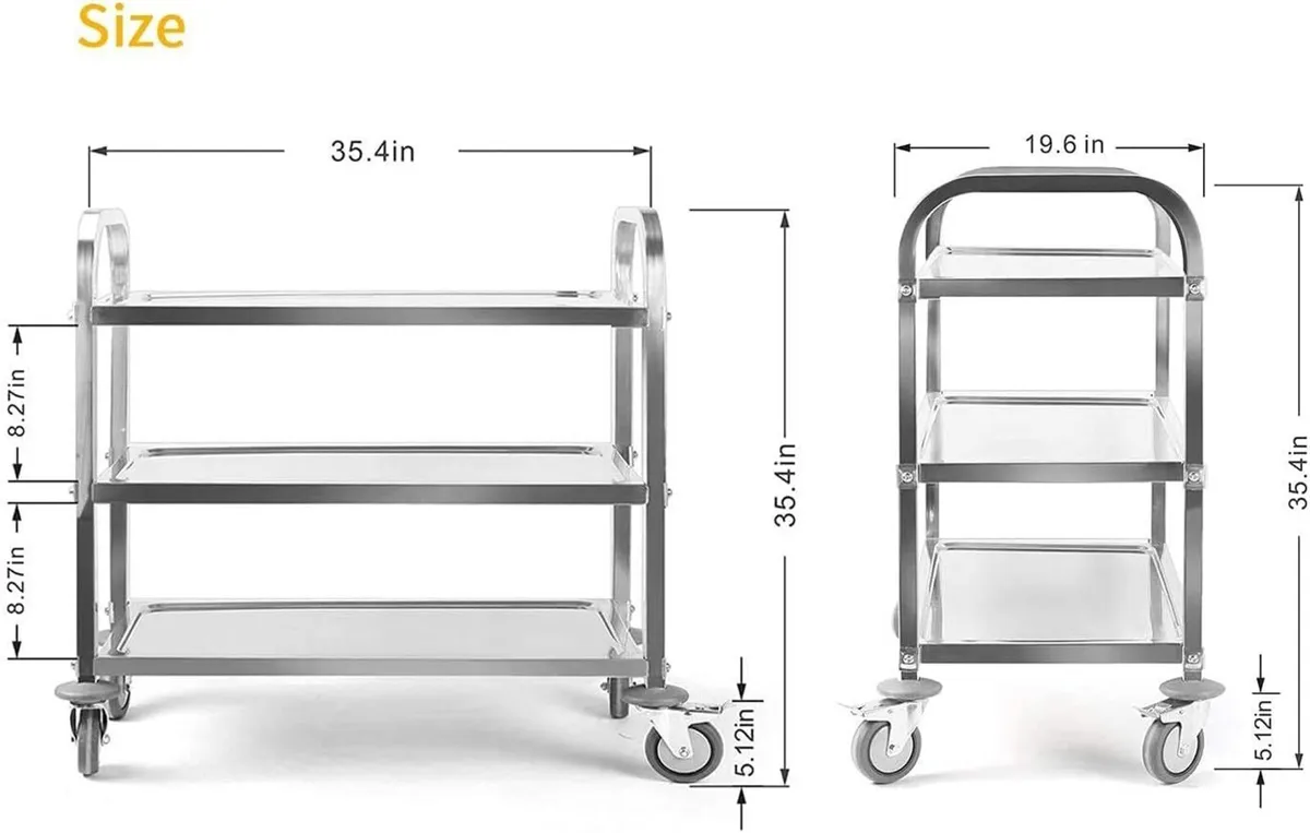 Large 3 Tier Stainless Steel Utility Cart - Image 2