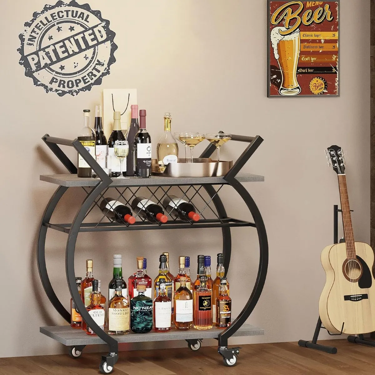 Drinks Trolley on Wheels Bar Cart with Wine Rack - Image 2