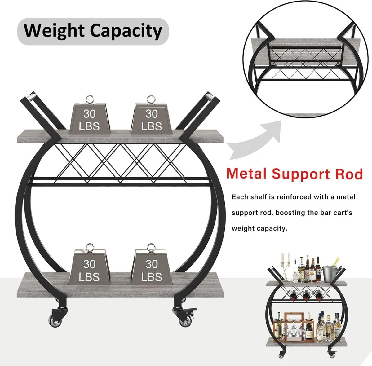 Drinks Trolley on Wheels Bar Cart with Wine Rack - Image 4