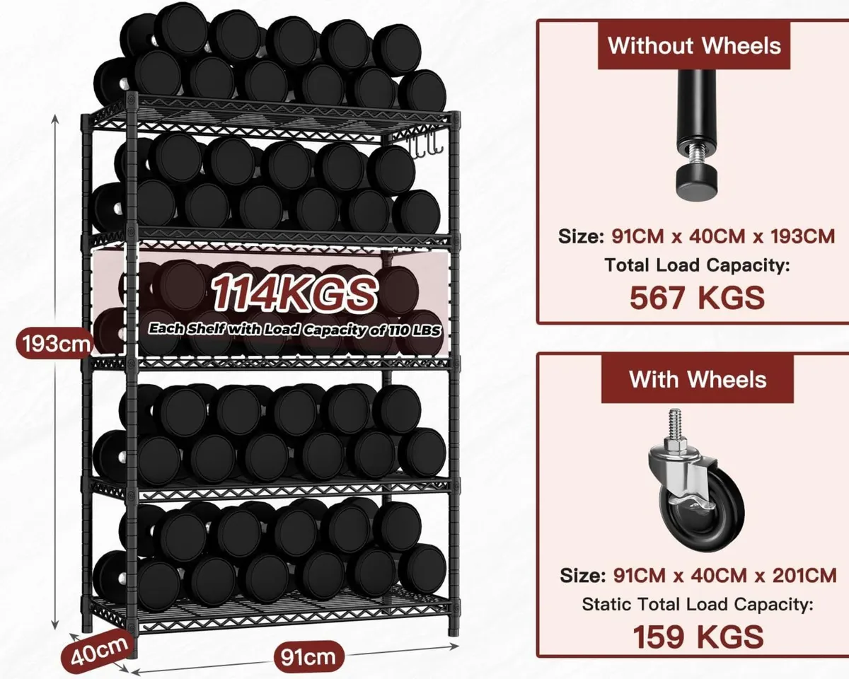 91cm x 40cm 193cm Wire Storage Shelves with - Image 3