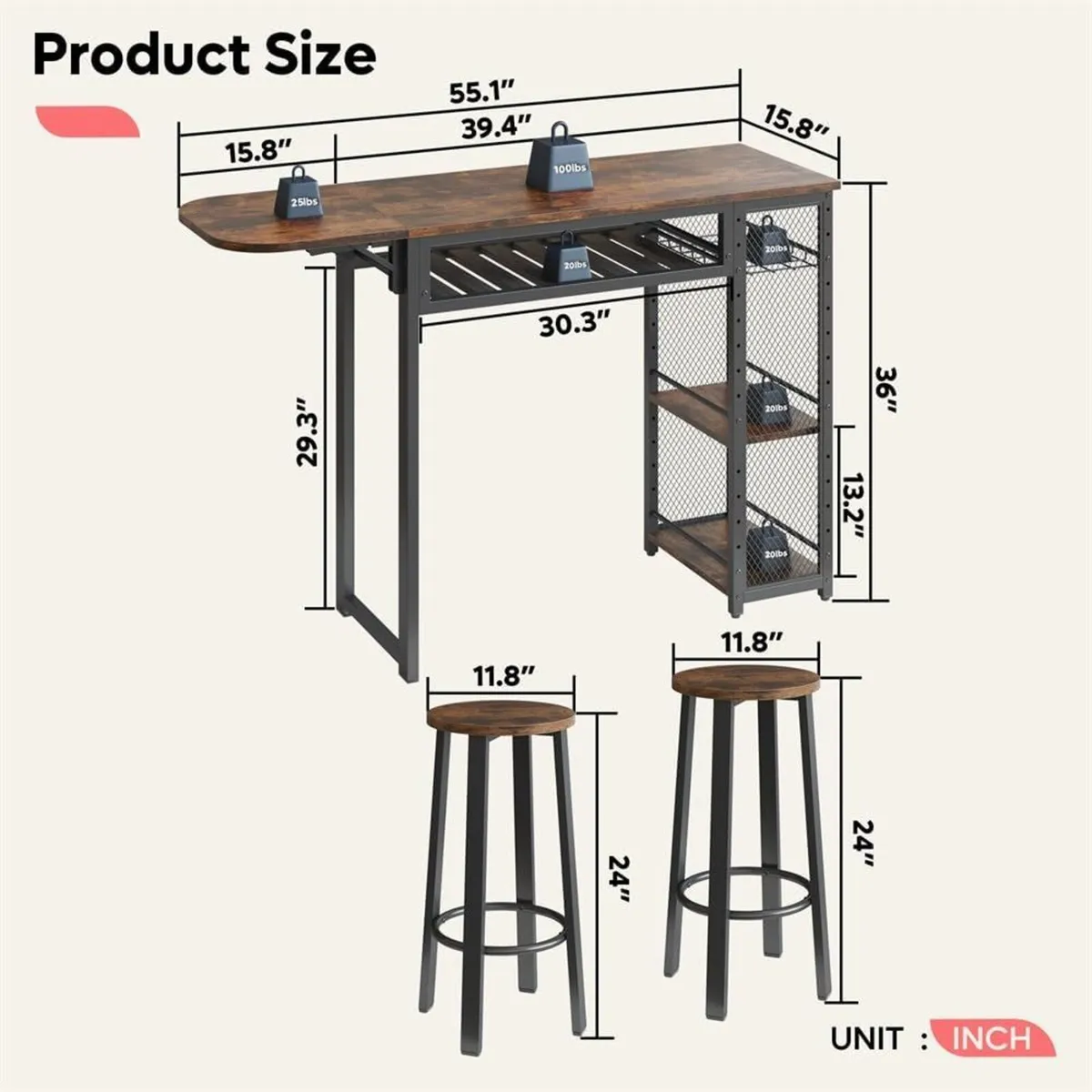 Bar Table and Chair Set Expandable Dining with 2 - Image 2