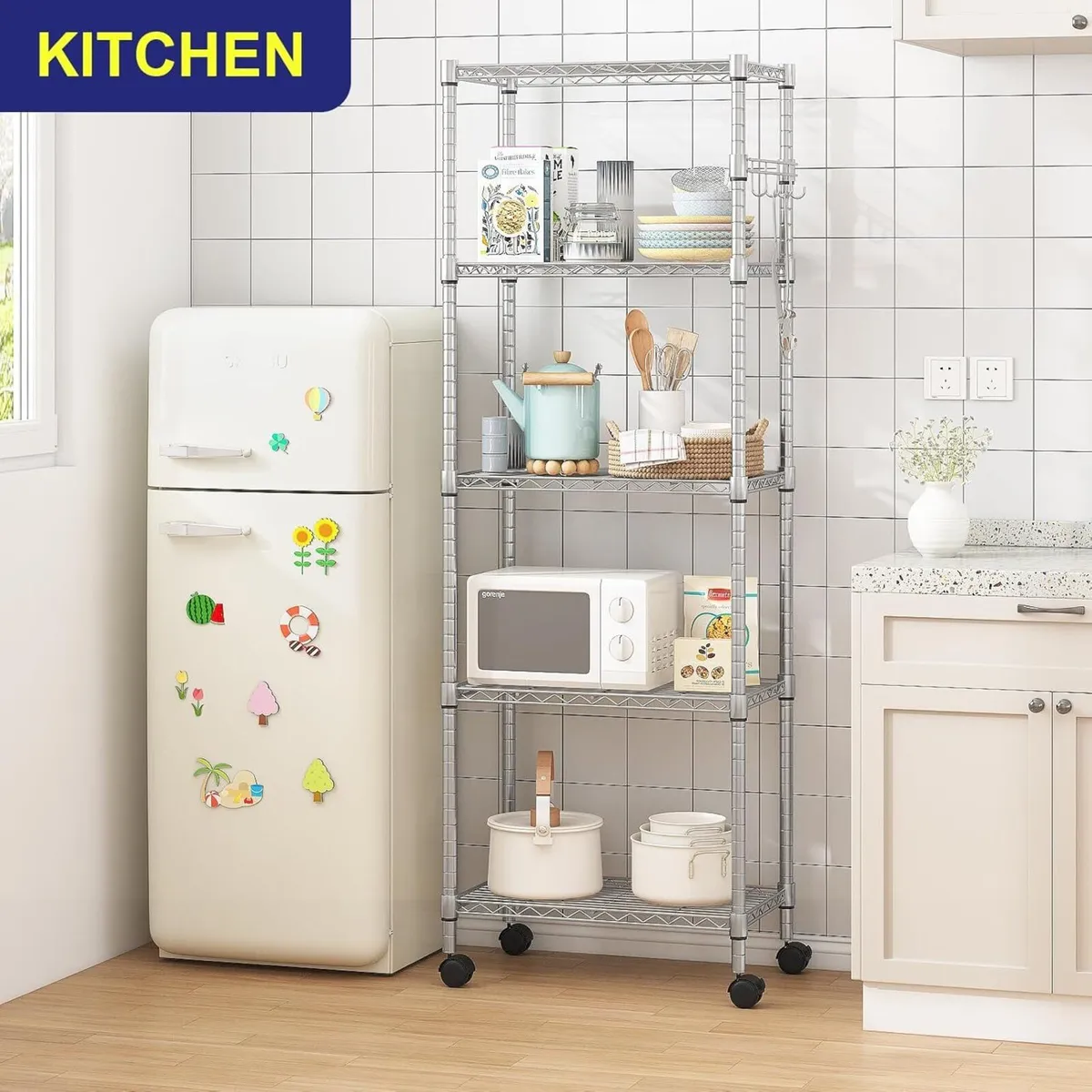 5 Tier Steel Wire Shelving Unit on Wheels Chrome - Image 2