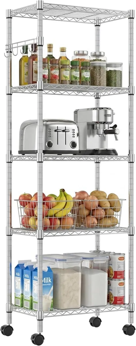 5 Tier Steel Wire Shelving Unit on Wheels Chrome - Image 1