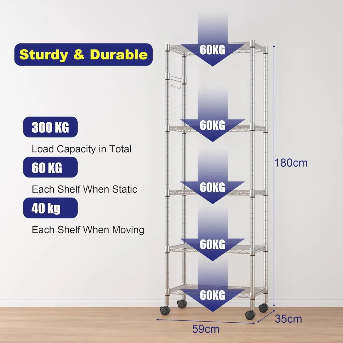 5 Tier Steel Wire Shelving Unit on Wheels Chrome - Image 3