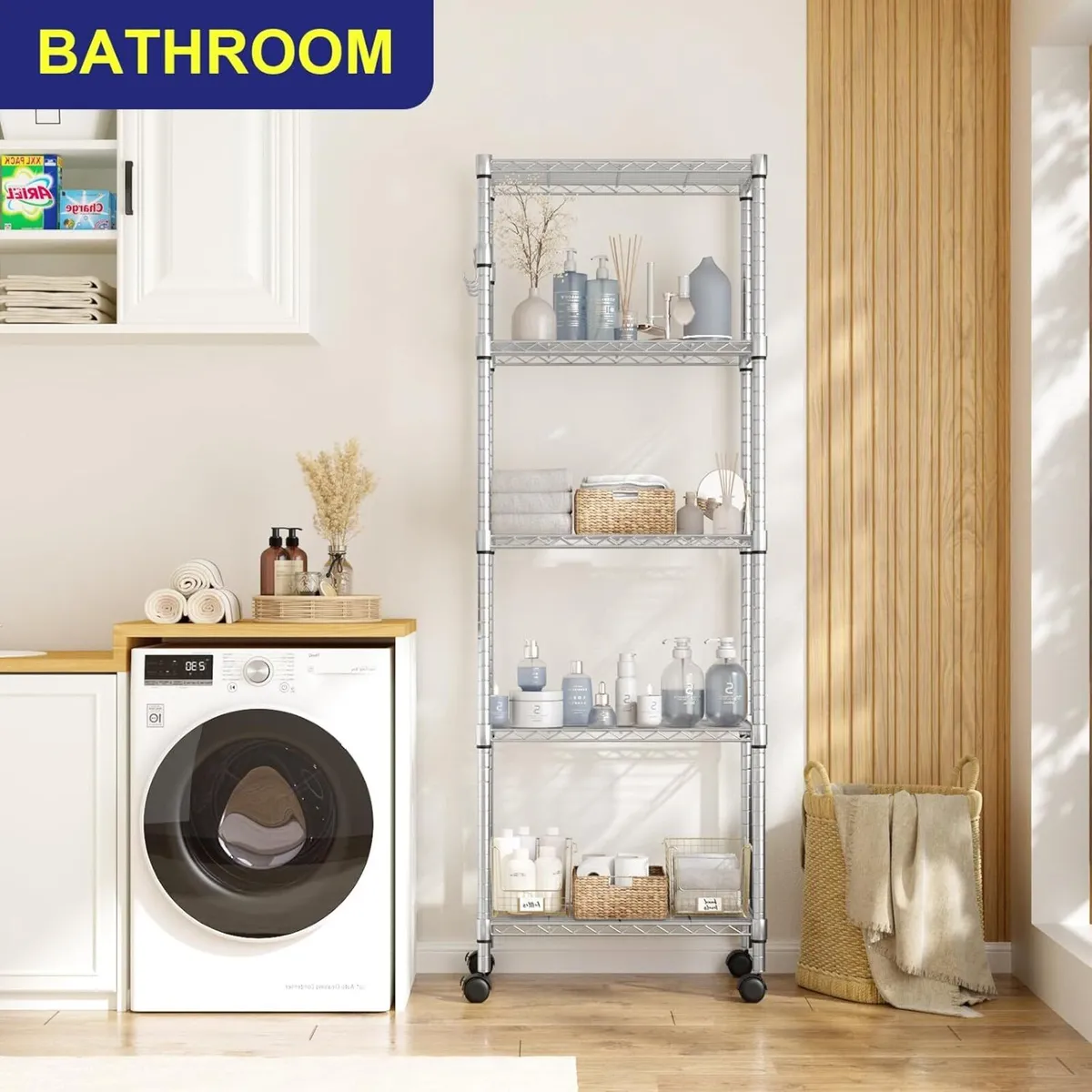 5 Tier Steel Wire Shelving Unit on Wheels Chrome - Image 4