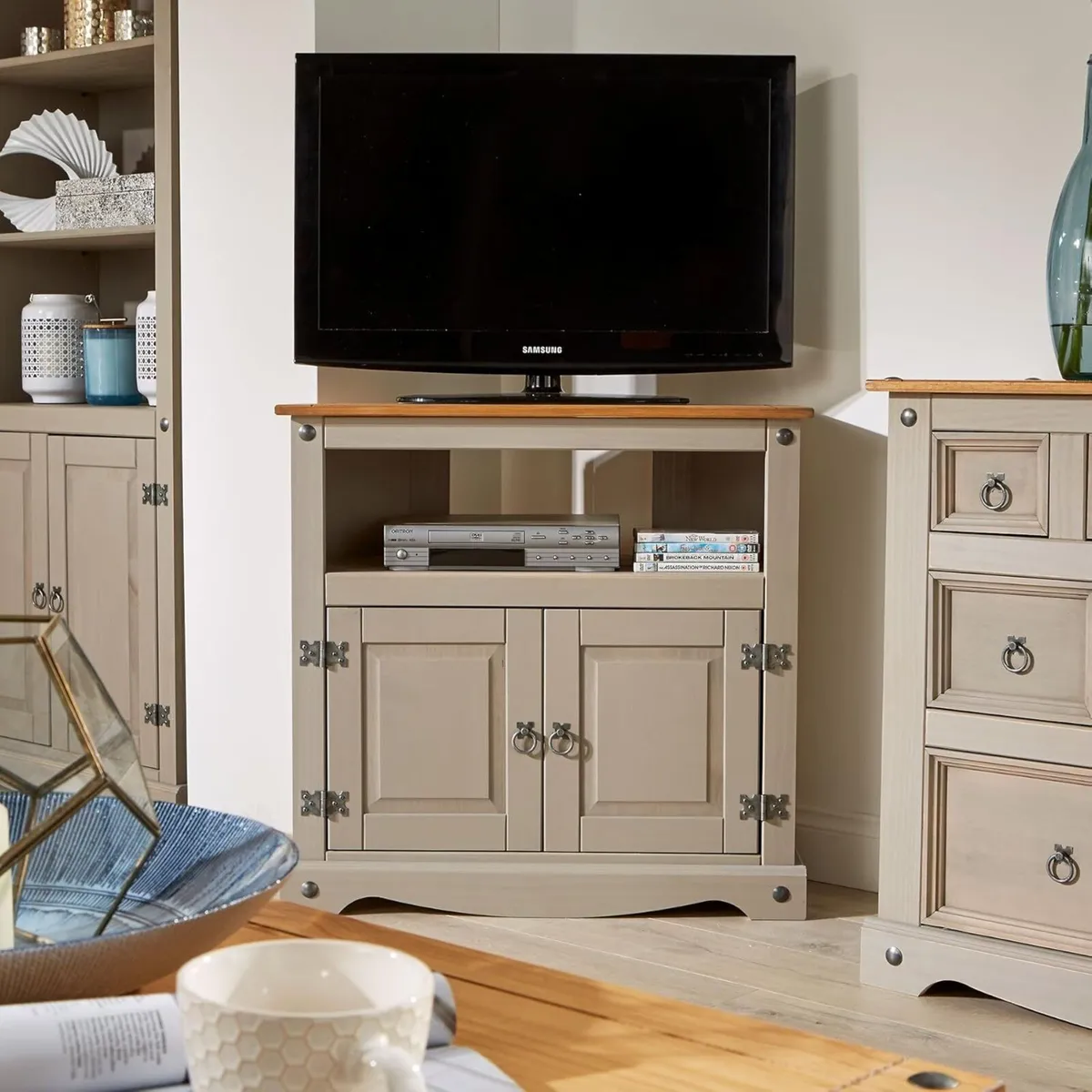 Home Source Corona Grey TV Stand Pine 2 Door - Image 1