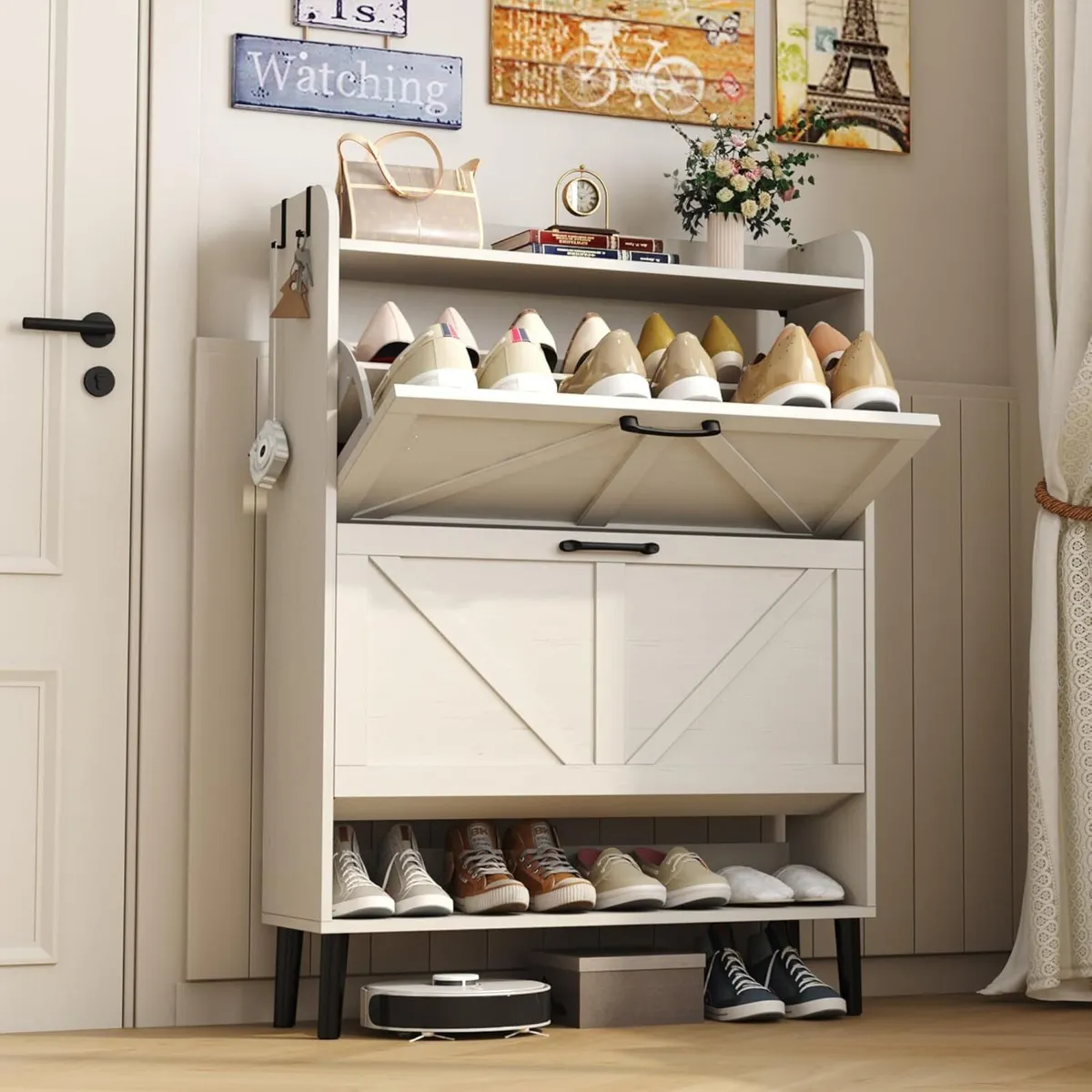 Farmhouse Shoe Cabinet with Two Flip Drawers - Image 2