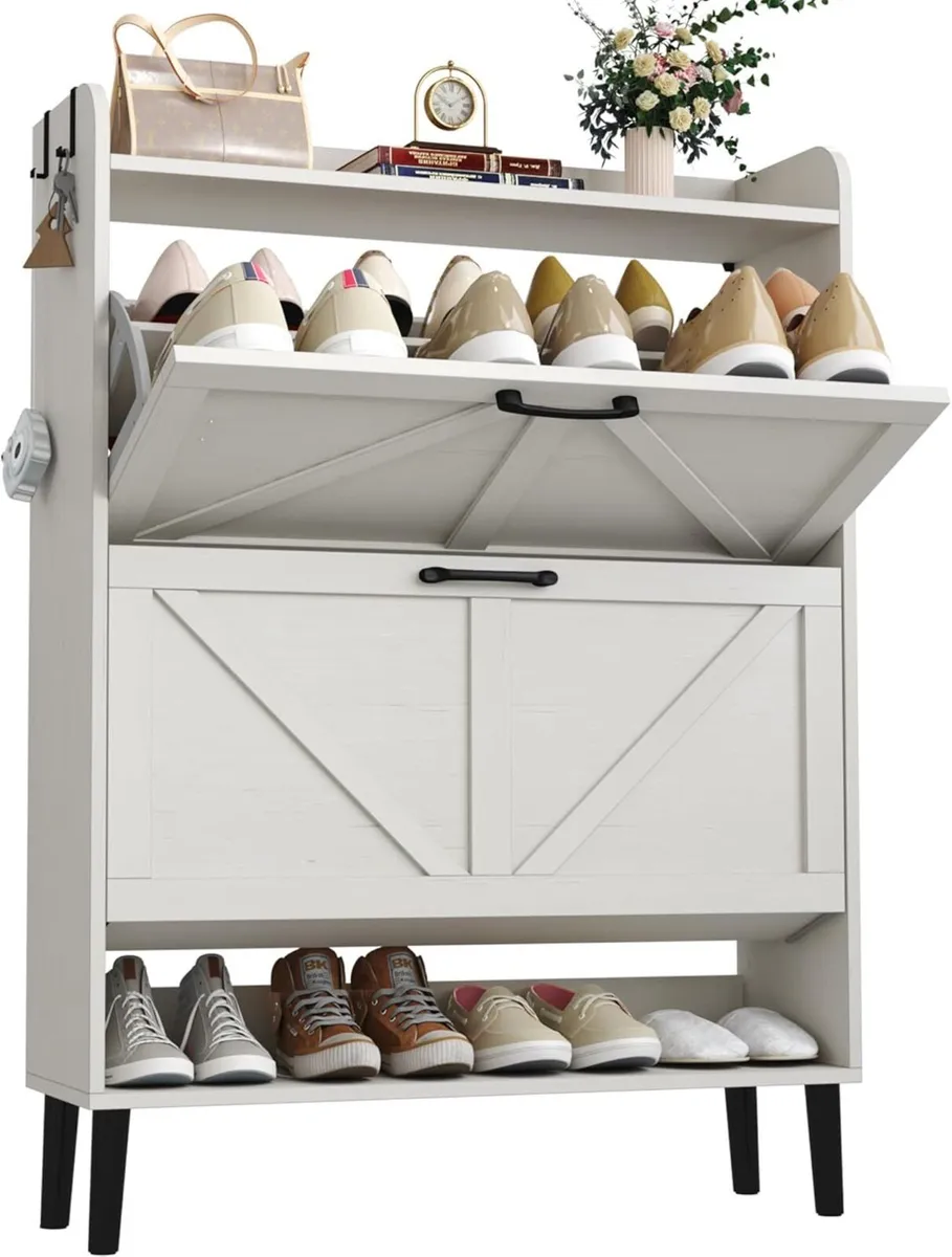 Farmhouse Shoe Cabinet with Two Flip Drawers - Image 1