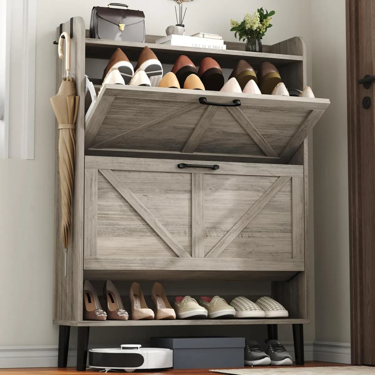 Farmhouse Shoe Cabinet with Two Flip Drawers - Image 1