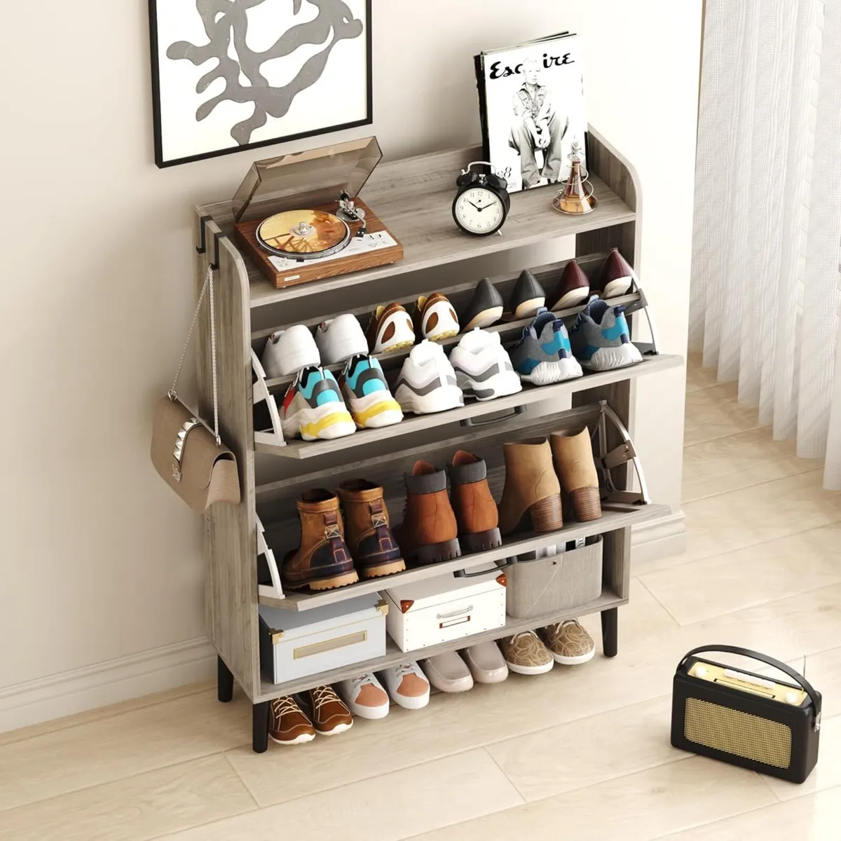 Farmhouse Shoe Cabinet with Two Flip Drawers - Image 3