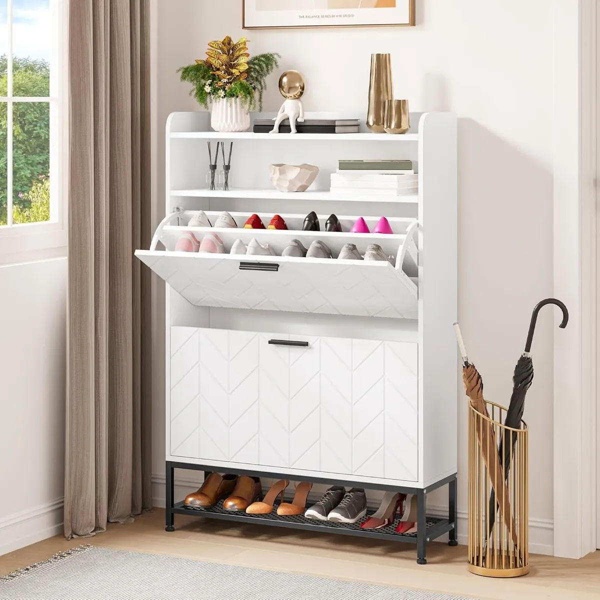 Shoe Storage Cabinet Wooden with 2 Flip Drawers - Image 1