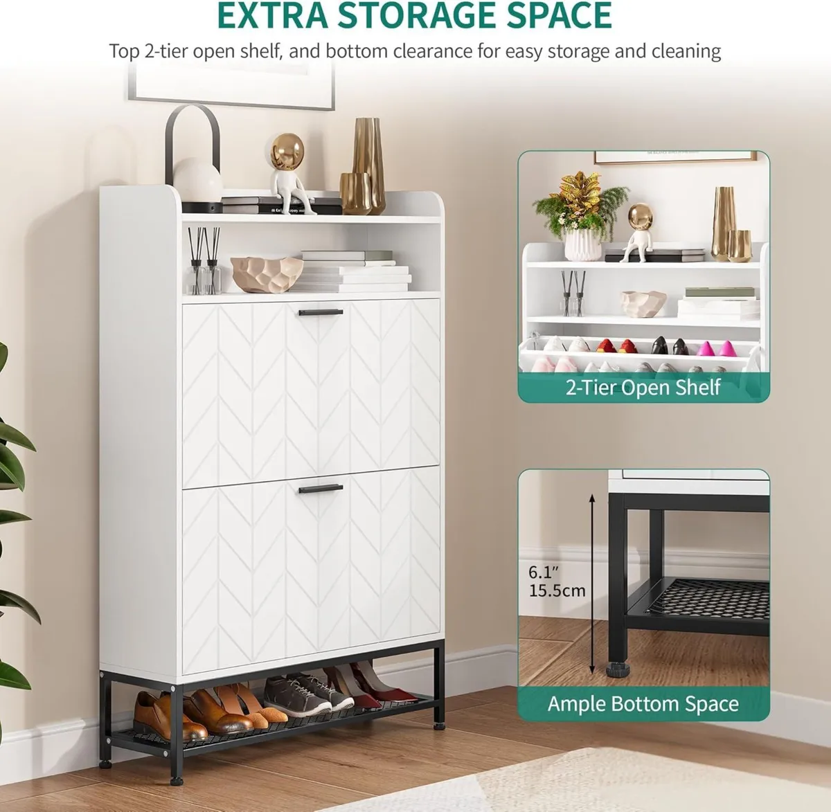 Shoe Storage Cabinet Wooden with 2 Flip Drawers - Image 4