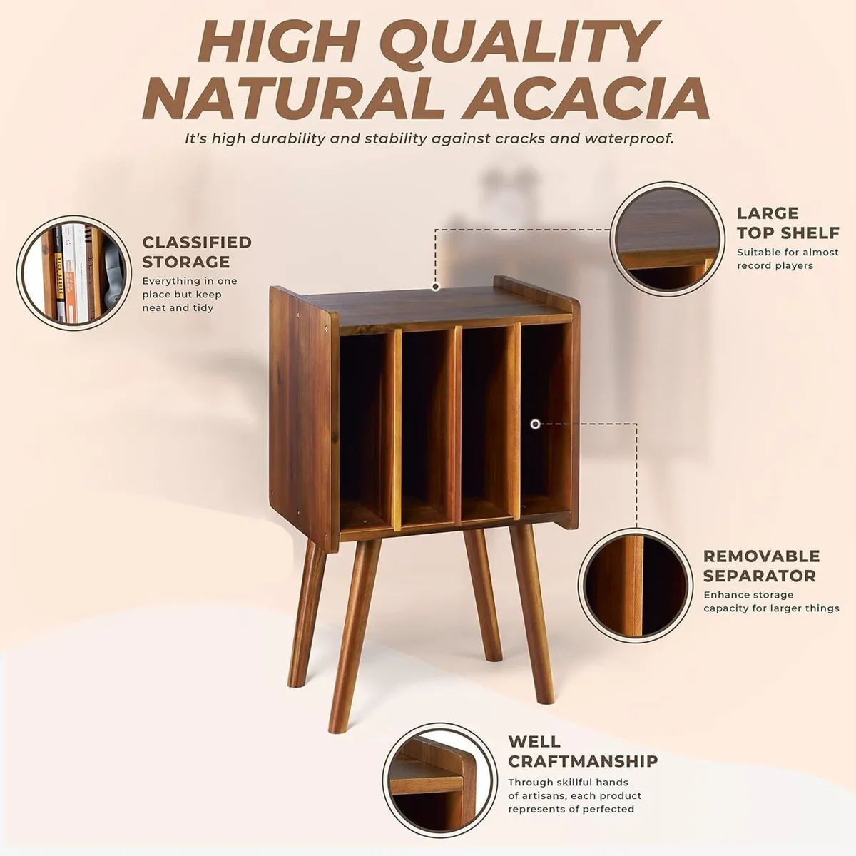 Wooden LP Record Player Stand Vinyl Storage Table - Image 3