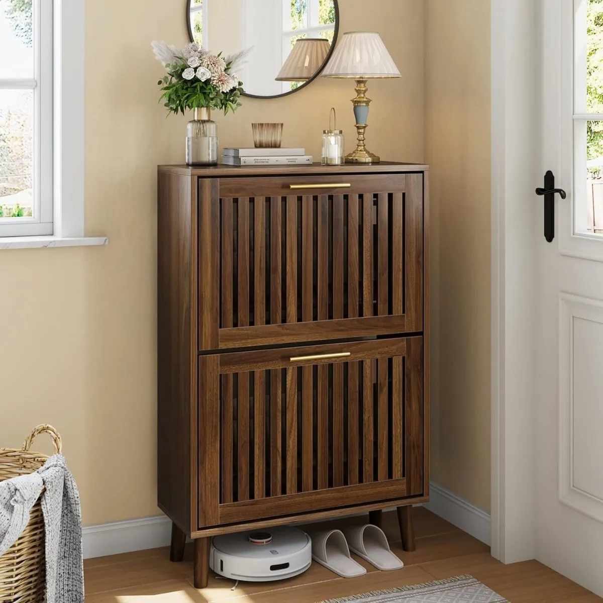 Shoe Cabinet with 2 Flip Slatted Drawers Farmhouse - Image 1