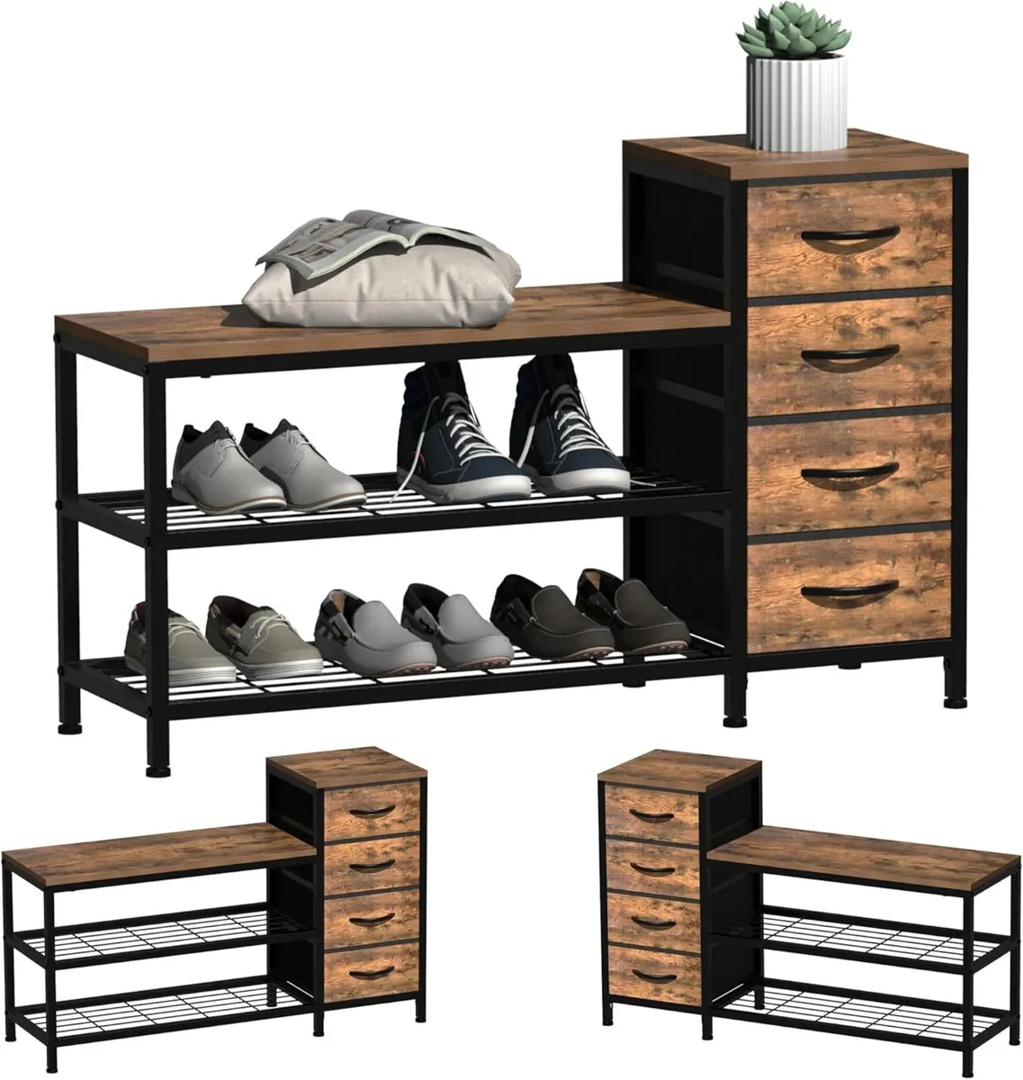 3-Tier Shoe Storage Bench with 4 Fabric Drawers - Image 1