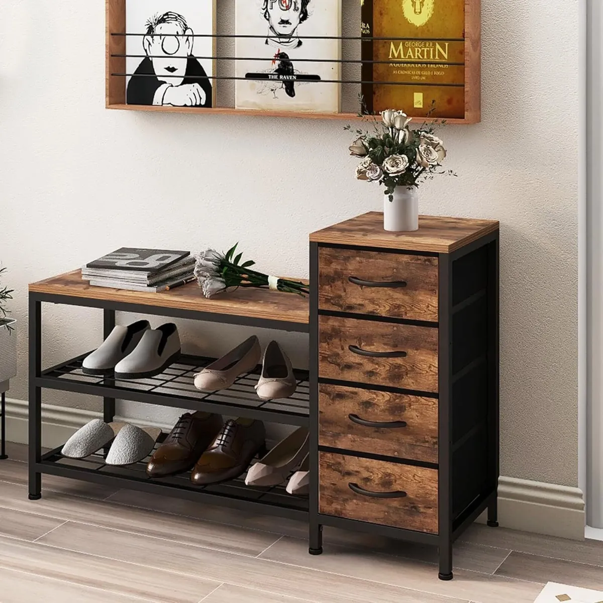 3-Tier Shoe Storage Bench with 4 Fabric Drawers - Image 2