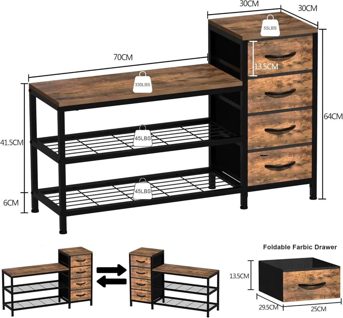 3-Tier Shoe Storage Bench with 4 Fabric Drawers - Image 3