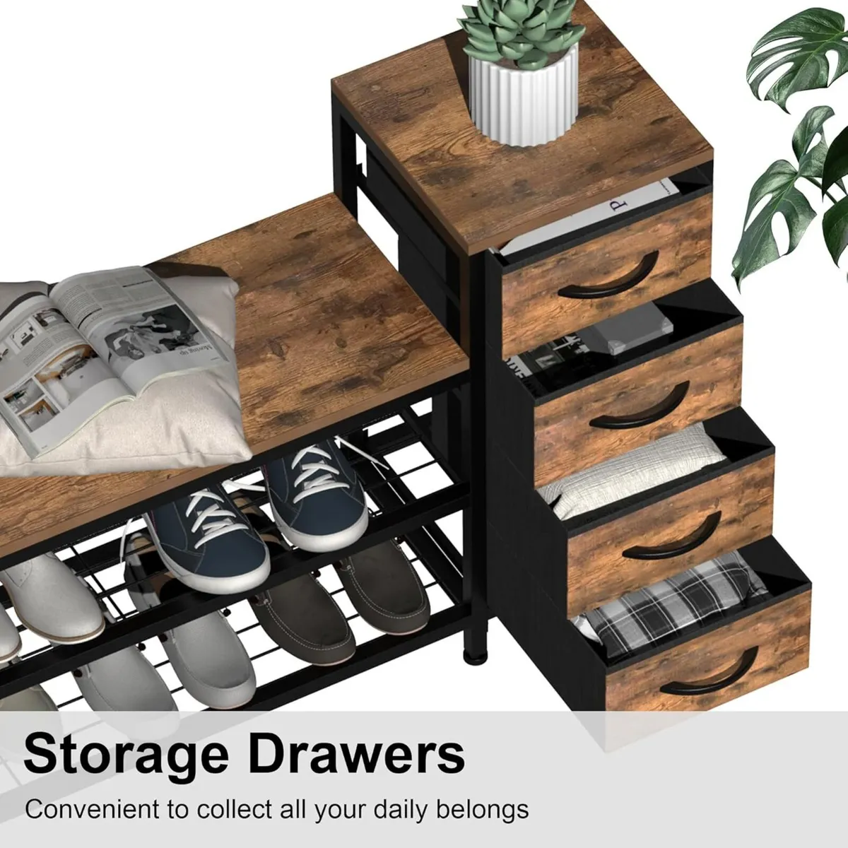 3-Tier Shoe Storage Bench with 4 Fabric Drawers - Image 4