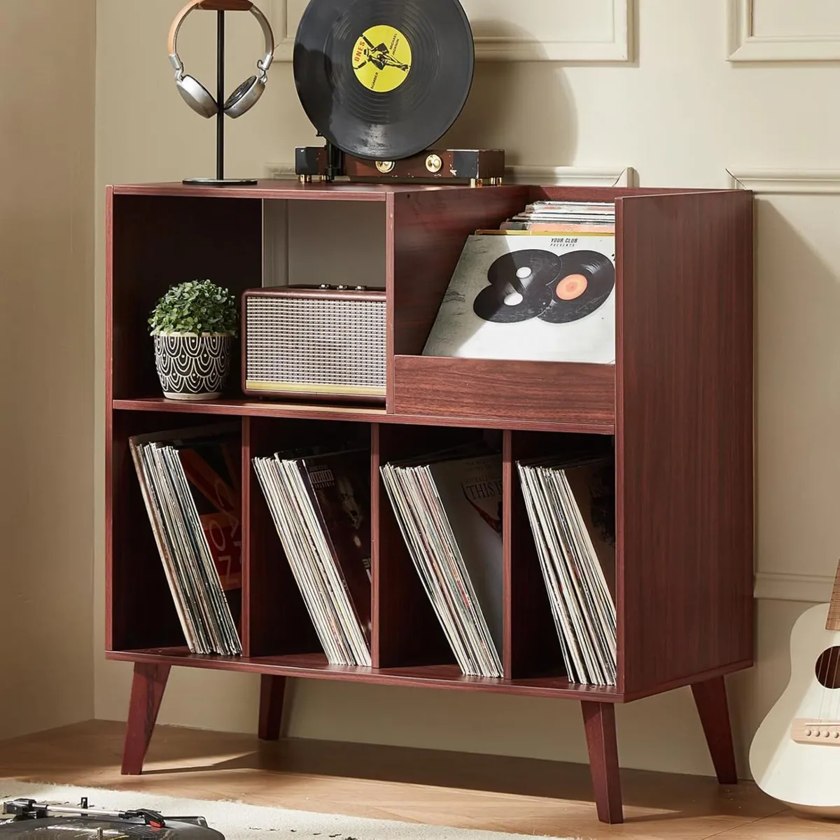 Large record stand with storage player shelf - Image 1